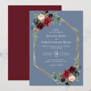burgundy and dusty blue floral geometric wedding invitation