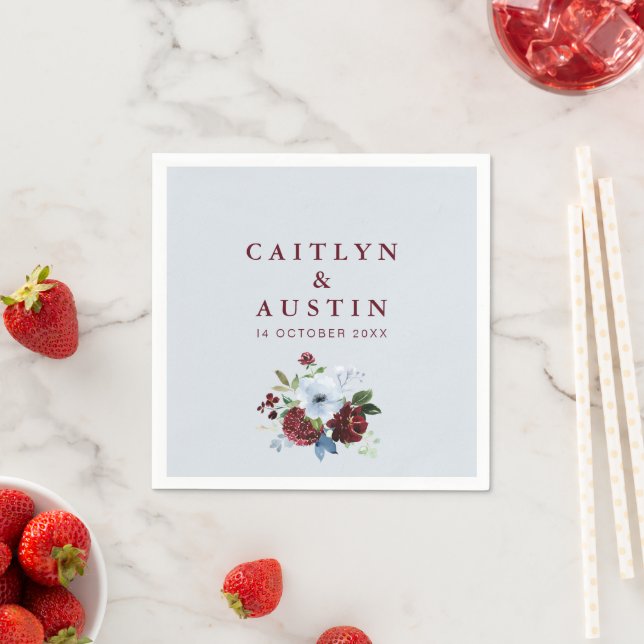 burgundy and dusty blue floral wedding napkin (Insitu)