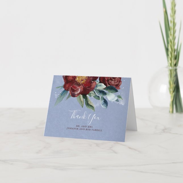 Burgundy and Dusty Blue Floral Wedding Thank You (Front)