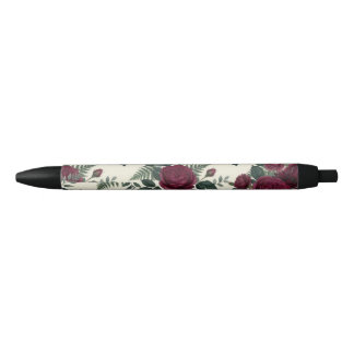 Burgundy and Forest Green Floral Black Ink Pen