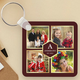Burgundy and Gold 4 Pictures Family Photo Collage Keychain
