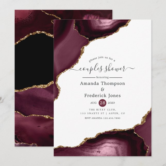 Burgundy and Gold Agate Couples Shower Invitation (Front/Back)