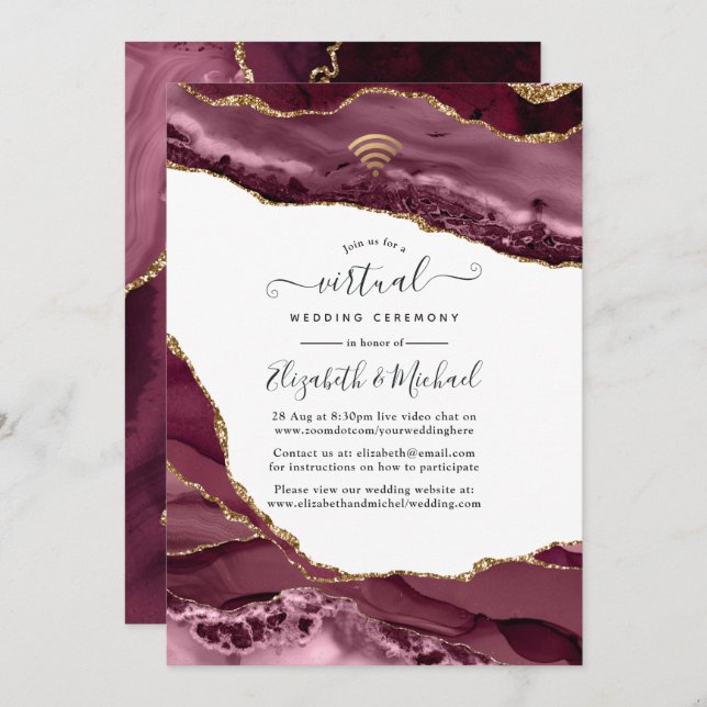 Burgundy and Gold Agate Online Virtual Wedding Invitation (Front/Back)