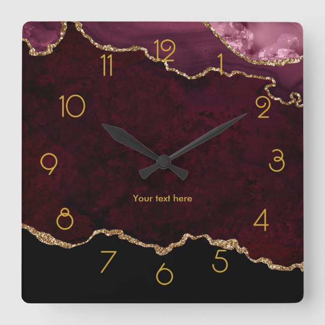 Burgundy and Gold Agate Personalized Square Wall C Clock (Front)