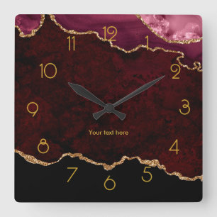 Burgundy and Gold Agate Personalized Square Wall C Square Wall Clock