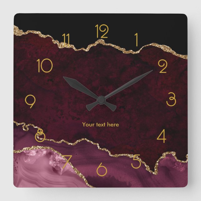 Burgundy and Gold Agate Personalized Square Wall Clock (Front)