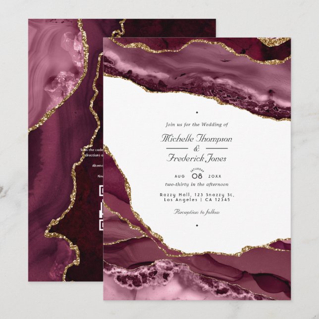 Burgundy and Gold Agate QR Code RSVP Wedding Invitation (Front/Back)