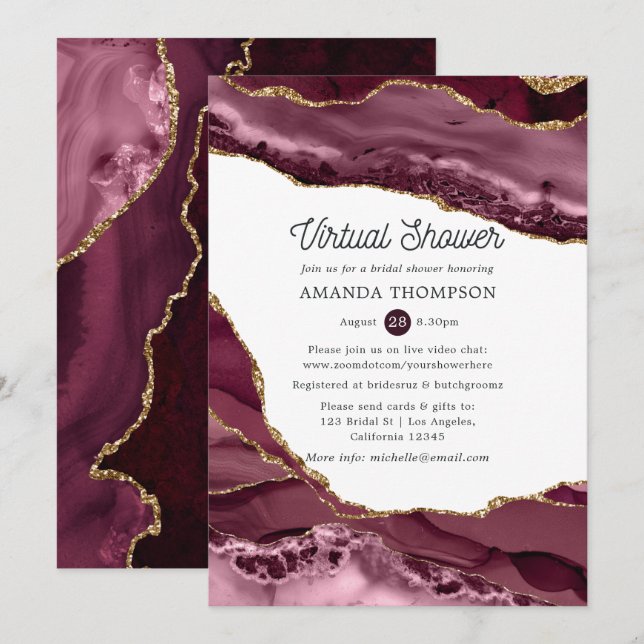 Burgundy and Gold Agate Virtual Bridal Shower Invitation (Front/Back)