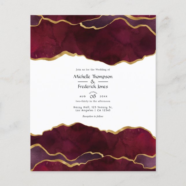 Burgundy and Gold Agate Wedding Invitation Flyer (Front)