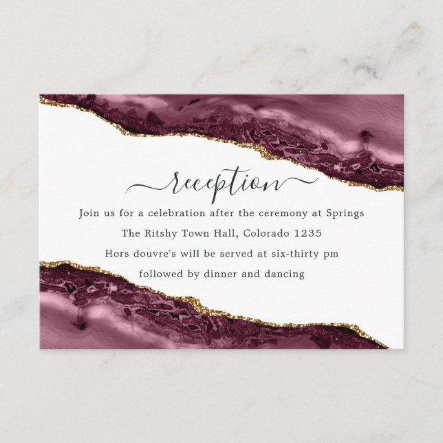 Burgundy and Gold Agate Wedding Reception Enclosure Card (Front)