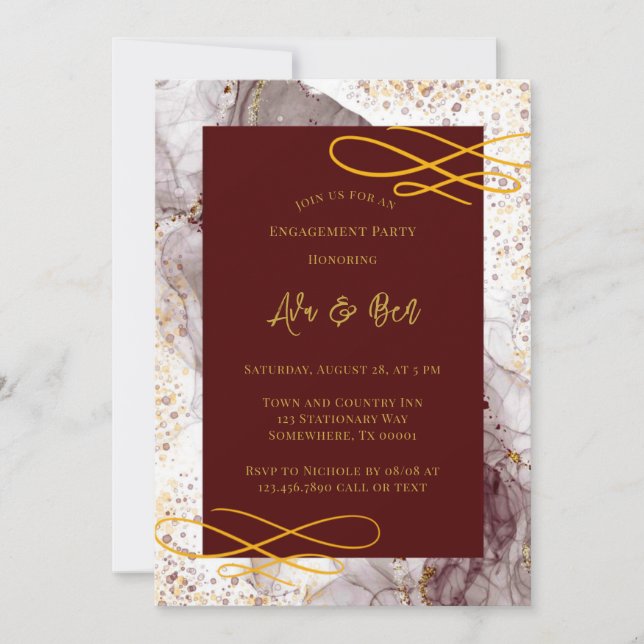 Burgundy and Gold Alcohol Ink Engagement Party Invitation (Front)