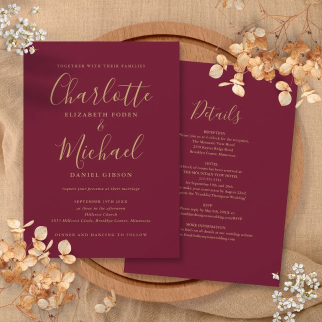 Burgundy and Gold All In One Chic Script Wedding Invitation (Burgundy and Gold All In One Chic Script Wedding Invitation)