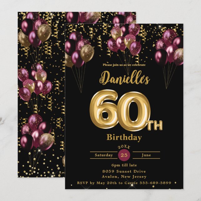 Burgundy and Gold Balloons Confetti 60th Birthday  Invitation (Front/Back)