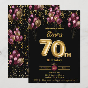 Burgundy and Gold Balloons Confetti 70th Birthday Invitation
