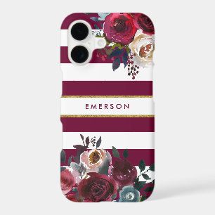 Burgundy and Gold Boho Floral Stripe Monogram