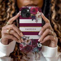Burgundy and Gold Boho Floral Stripe Monogram