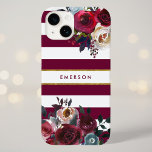 Burgundy and Gold Boho Floral Stripe Monogram Case-Mate iPhone 14 Case<br><div class="desc">Custom monogrammed phone cases personalized with your name or other text. This trendy boho design features a watercolor floral border in rustic fall colours on a burgundy and white striped background with faux gold foil accent. Use the design tools to choose any background colour, change text fonts and colours or...</div>