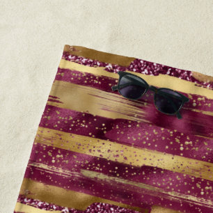 Burgundy and gold brush strokes and monogram beach towel