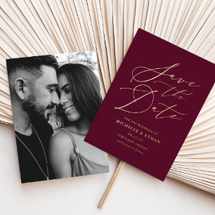Burgundy and Gold Calligraphy Photo Save the Date