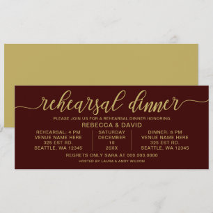 burgundy and gold Calligraphy Rehearsal Dinner Invitation