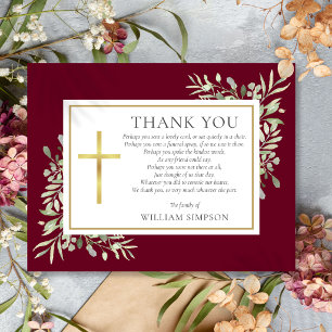 Burgundy And Gold Christian Funeral Greenery Poem Thank You Card