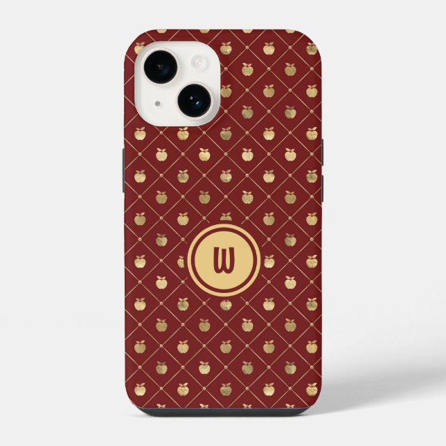 Burgundy and Gold Diagonal Apple Pattern iPhone Case (Back)