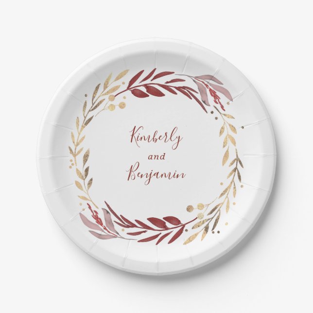 Burgundy and Gold Elegant Garden Wedding Paper Plate (Front)