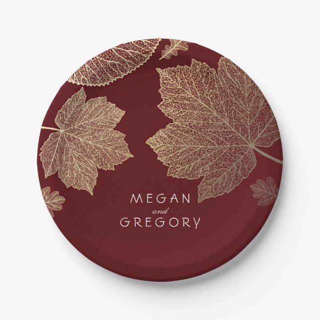 Burgundy and Gold Fall Leaves Wedding Paper Plate (Front)