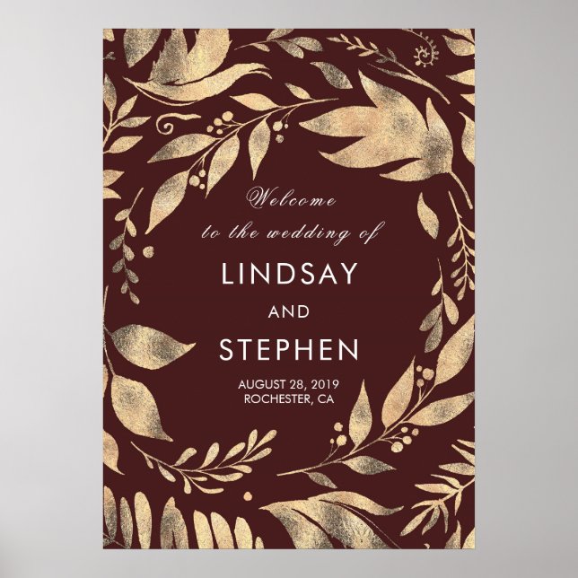 Burgundy and Gold Fall Wedding Welcome Poster (Front)