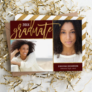 Burgundy and Gold Faux Foil 2 Photo Graduation Announcement