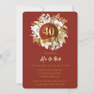 Burgundy And Gold Floral 40th Wedding Anniversary  Invitation