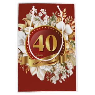 Burgundy And Gold Floral 40th Wedding Anniversary Medium Gift Bag