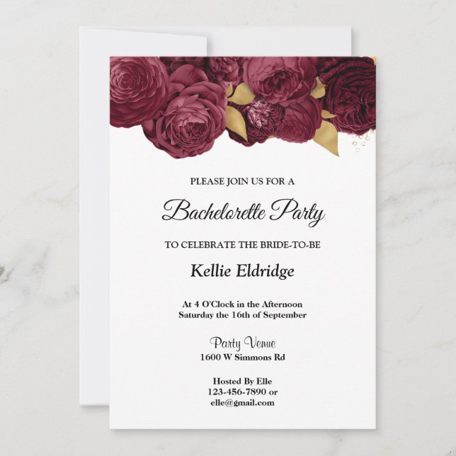 Burgundy And Gold Floral Bachelorette Party Invitation (Front)
