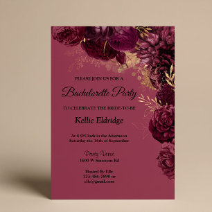 Burgundy And Gold Floral Bachelorette Party Invitation