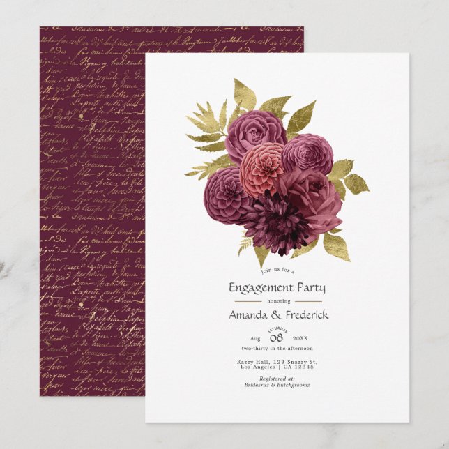 Burgundy and Gold Floral Engagement Party Invitation (Front/Back)