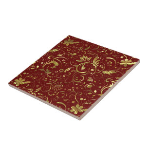 Burgundy And Gold Floral Fabric Pattern Tile
