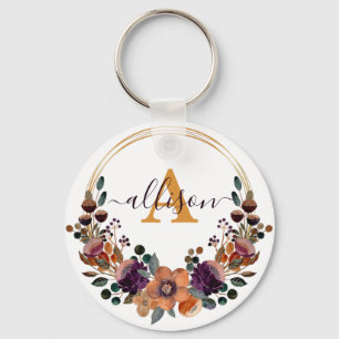 Burgundy and gold floral frame personalized keychain