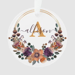 Burgundy and gold floral frame personalized ornament