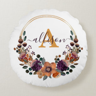 Burgundy and gold floral frame personalized round pillow