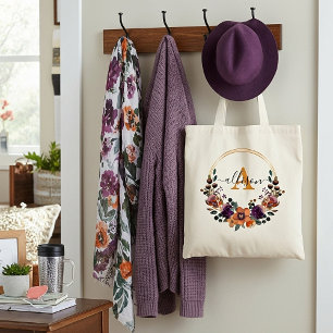 Burgundy and gold floral frame personalized tote bag