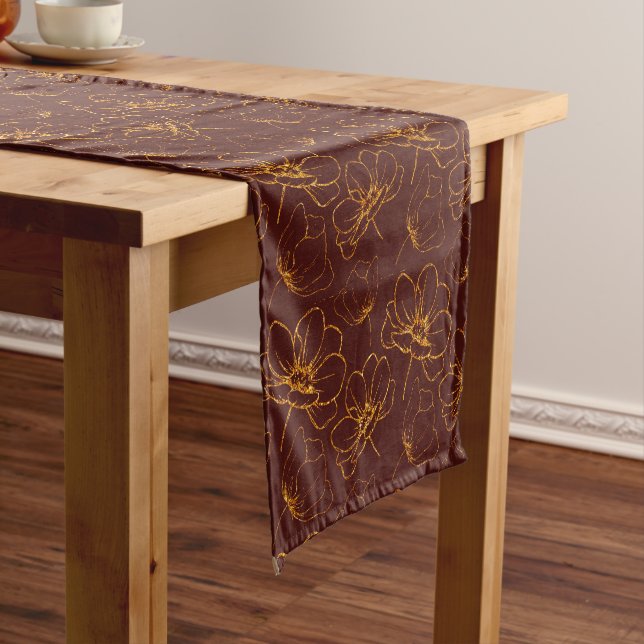 Burgundy and Gold Floral Short Table Runner (In Situ)