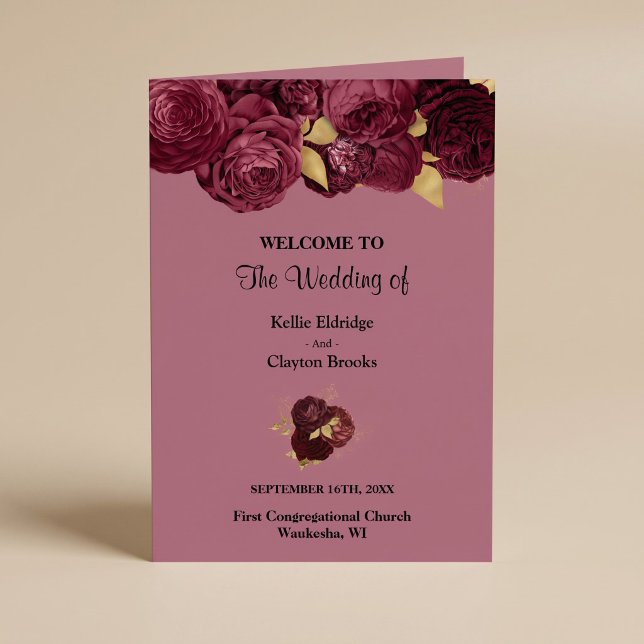 Burgundy And Gold Floral Wedding Folded Program (Creator Uploaded)