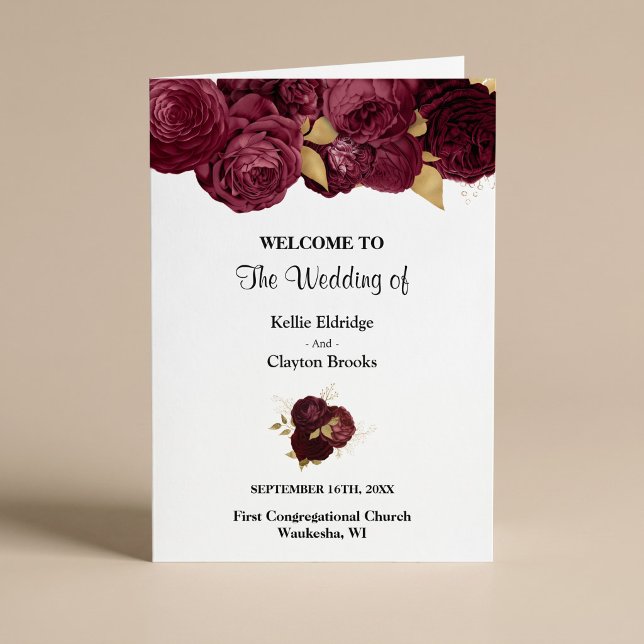Burgundy And Gold Floral Wedding Folded Program (Creator Uploaded)