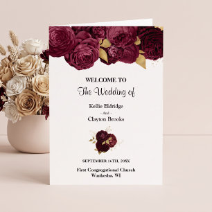 Burgundy And Gold Floral Wedding Folded Program