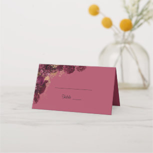Burgundy And Gold Floral Wedding Guest Name Place Card