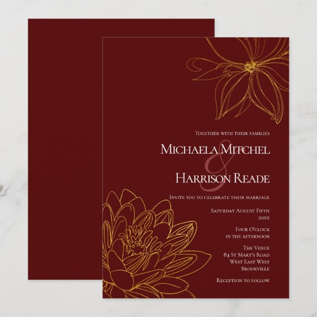 Burgundy and Gold Floral Wedding Invitation (Front/Back)