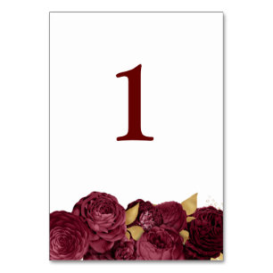 Burgundy And Gold Floral Wedding Table Number Card