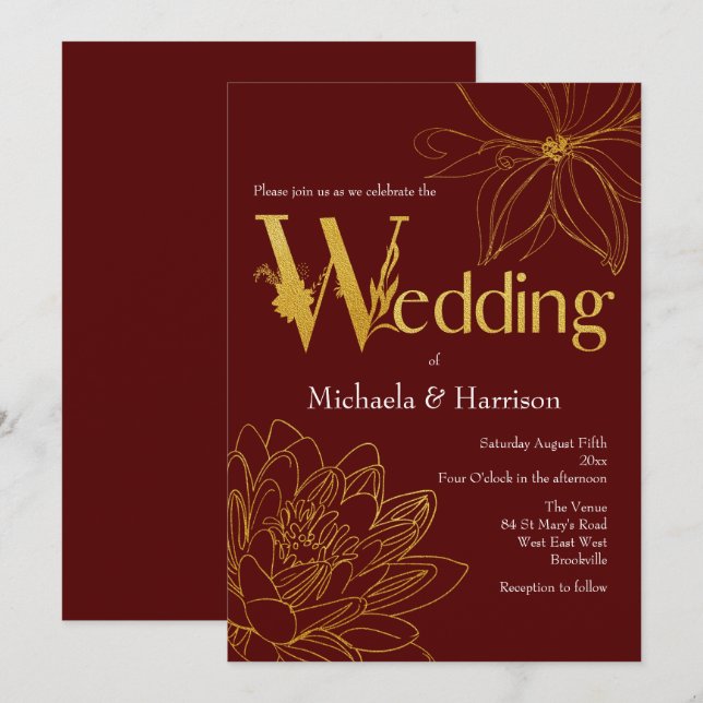 Burgundy and Gold Floral Wedding Typography Invitation (Front/Back)
