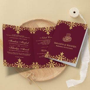 Burgundy and Gold Foil Damask Islamic Wedding Invitation