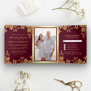 Burgundy and Gold Foil Floral Leaves Wedding Tri-Fold Invitation